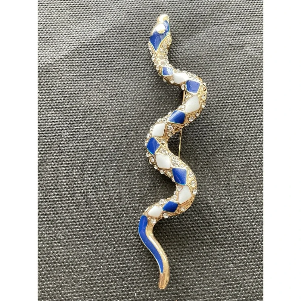 Vintage Gold Tone Snake Brooch Pin Blue White Enamel Rhinestones - Picture 7 of 8